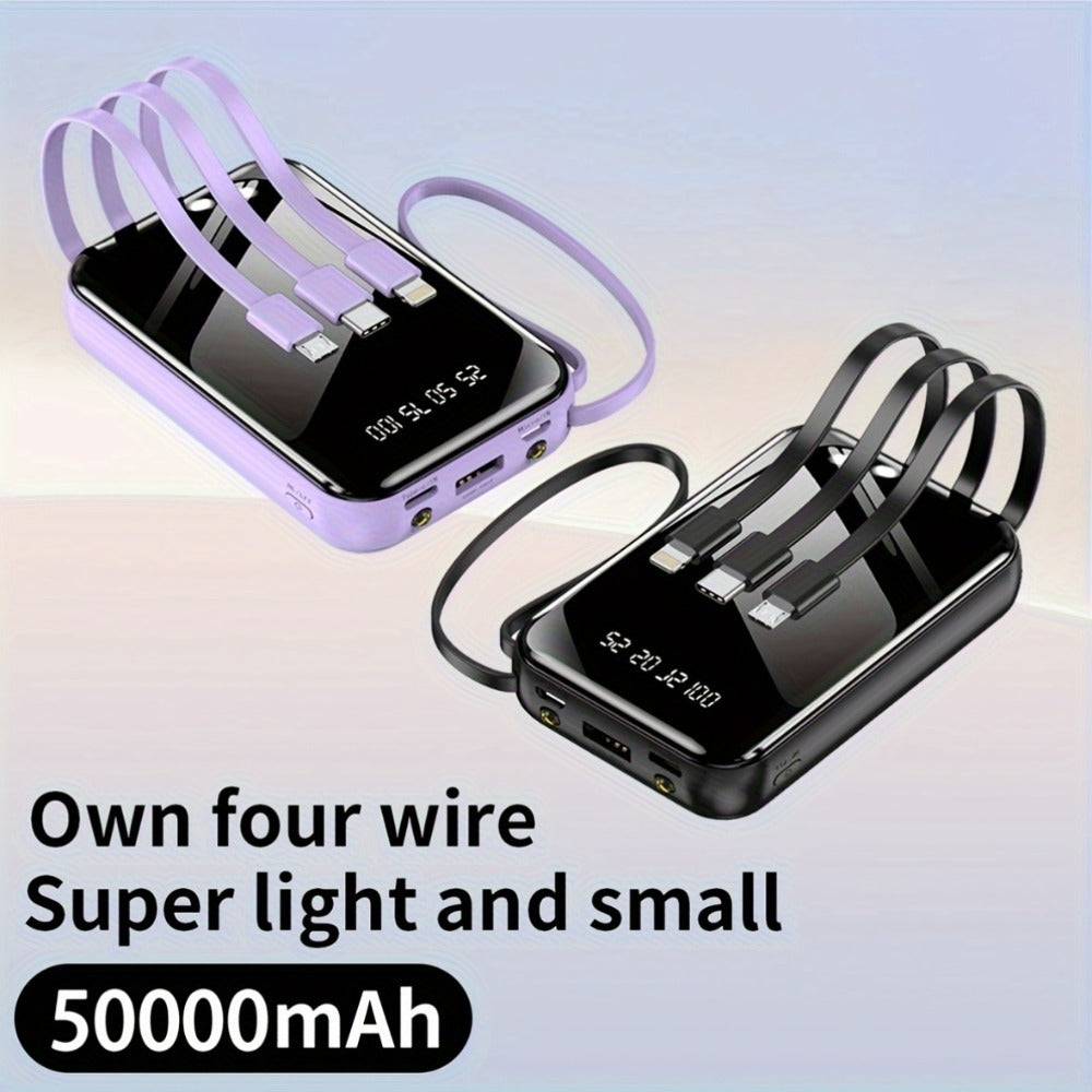 3-in-1 Built-in Cables Power Bank 50000mAh Portable Charger with Smart Digital Display Flashlight Apple Lightning Type-C USB Safe Lithium Battery Pack Outdoor Emergency Travel Gift