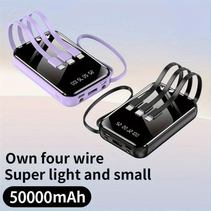 3-in-1 Built-in Cables Power Bank 50000mAh Portable Charger with Smart Digital Display Flashlight Apple Lightning Type-C USB Safe Lithium Battery Pack Outdoor Emergency Travel Gift