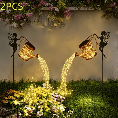 Solar Garden Lights 2-Piece Watering Can Waterfall String Lights, IP65 with Ground Stakes Set