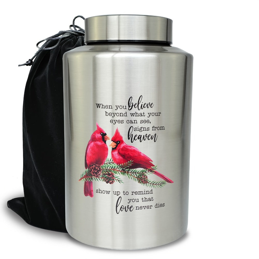 Cremation Urns for Human Ashes Large – Stainless Steel Memorial Urn Holds 220 lbs, Decorative Butterfly Cardinal Fairy Design, Screw Lid & Seal Ring, Velvet Pouch Included, Adult Funeral Keepsake Urn