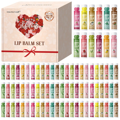 Lip Balm 120-Piece Bulk Set with 12 Flavors, Glossy Twist-Up Tubes and Divided Gift Box Packaging