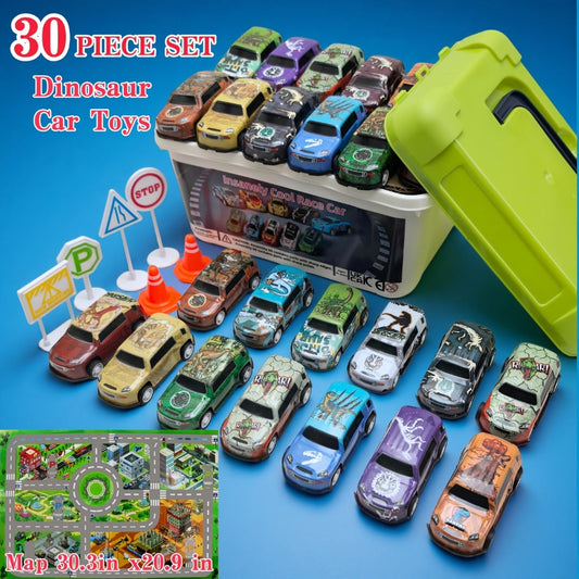 Dinosaur Toy Car Set 29-30pcs – Mini Pull Back Racing Cars with T-Rex Spinosaurus Pterodactyl Figures & City Traffic Map | Party Favors, Classroom Prizes, Birthday Gift for Boys & Girls Ages 3+