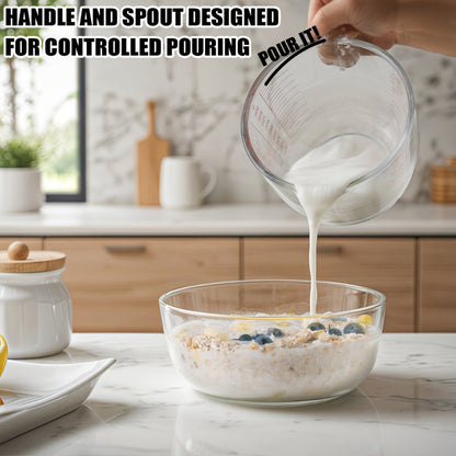 Clear Glass Measuring Cup Set with Pour Spouts, Handles, Red Graduations and One- or Three-Piece Options