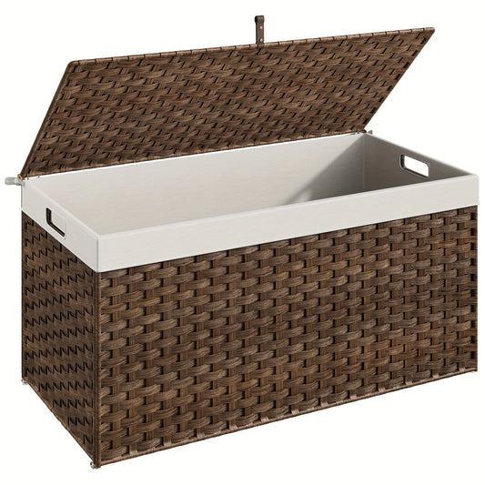 Large Storage Basket with Lid & Handles - 220L Handwoven Wicker Blanket Basket, Metal Frame, Soft Lining, Foldable for Bedroom, Laundry Room & Living Room
