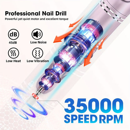 Cordless Nail Drill Kit 35000RPM Rechargeable Wireless Electric E-File — 108 Bits Professional Nail Drill Machine for Acrylic Gel Natural Nails, USB Nail File Set for Salon & Home Manicure Pedicure, Rose Gold Black Green