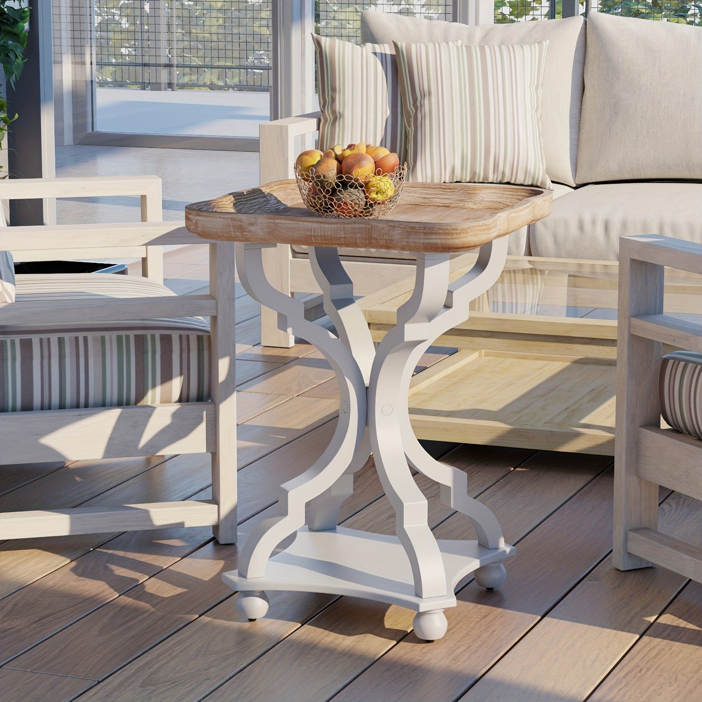 Side Table Rustic Raised-Tray Accent Design with Distressed Wood-Like Finish in Square or Round Shape