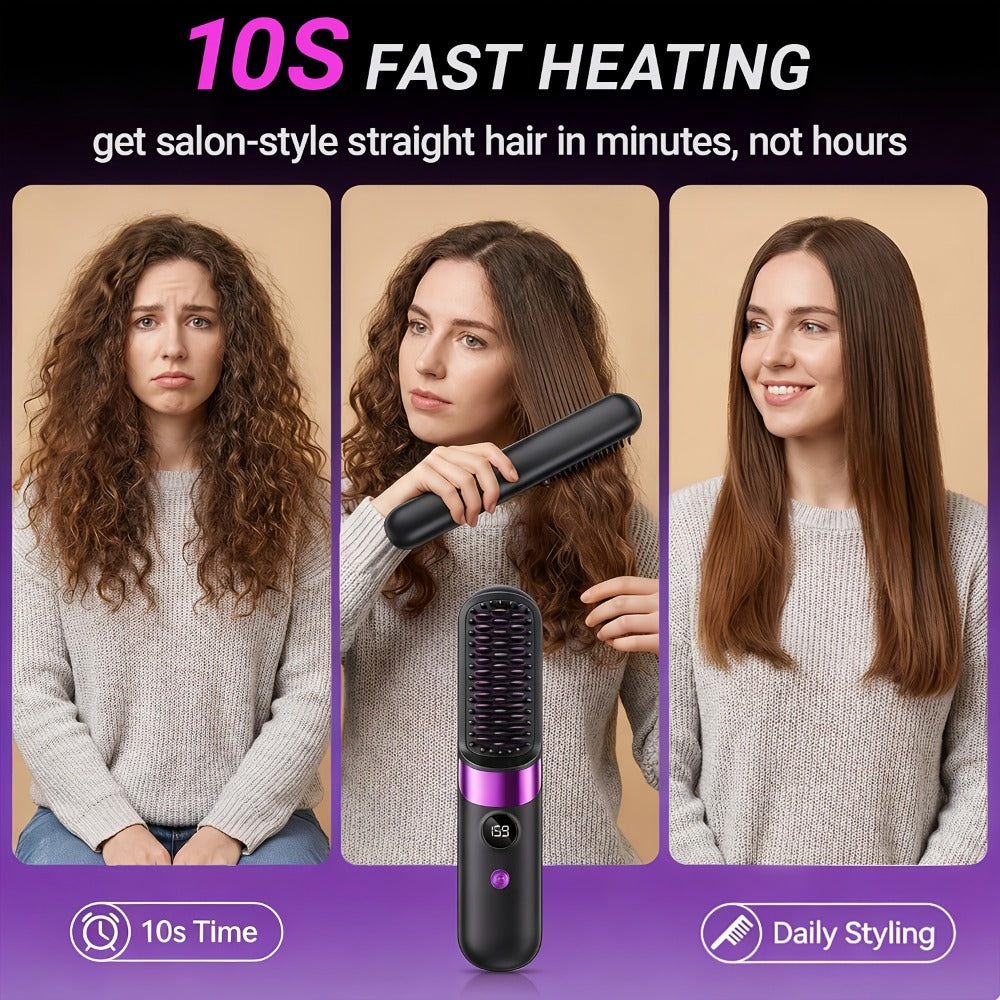 Ionic Hair Straightener Brush USB-C Rechargeable 3-in-1 Straightener Curler Styler — Adjustable Temperature, Anti-Scald Bristles, Frizz Control & Shine Boost, Salon Results at Home for All Hair Types