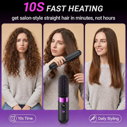 Ionic Hair Straightener Brush USB-C Rechargeable 3-in-1 Straightener Curler Styler — Adjustable Temperature, Anti-Scald Bristles, Frizz Control & Shine Boost, Salon Results at Home for All Hair Types