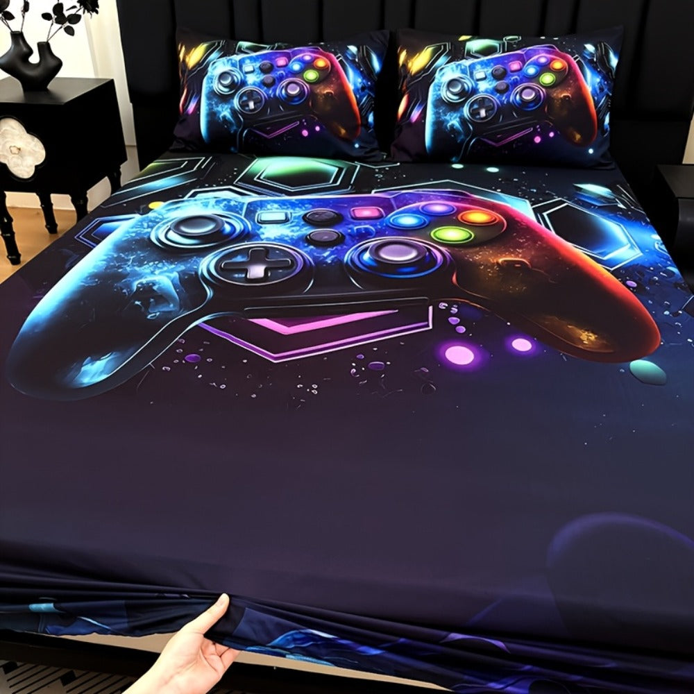 3-Piece Gamepad Bedding Set with Fitted Sheet and 2 Pillowcases, Twin to King Sizes, No Filling