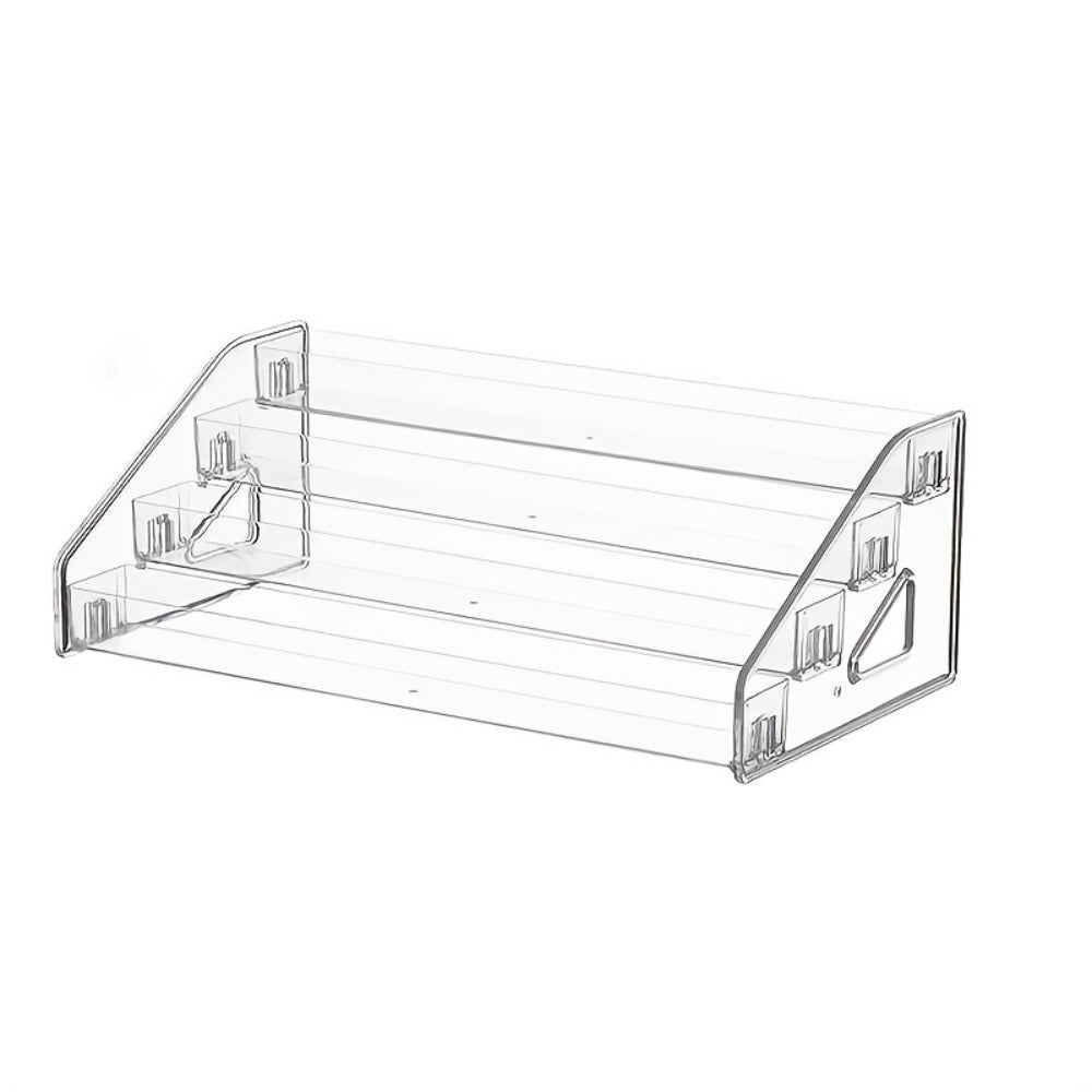 Four-Tier Clear Nail Polish Display Rack with Stepped Shelves and Transparent Checkout Configuration