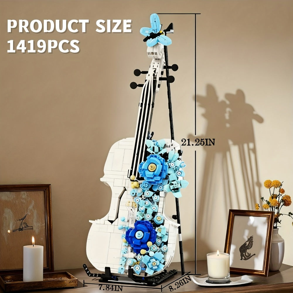 1419-Piece Flower Violin Building Block Model with Brick-Built Stand, Blue Blooms and Panel Detail