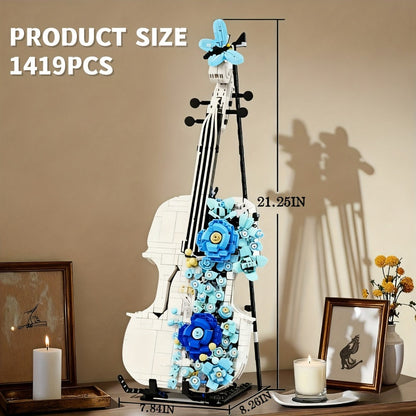 1419-Piece Flower Violin Building Block Model with Brick-Built Stand, Blue Blooms and Panel Detail