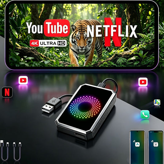 3-in-1 Wireless CarPlay Adapter Magic Media Box with Netflix YouTube TikTok Streaming & USB Port, Converts Factory Wired Apple CarPlay & Android Auto to Wireless, Plug-and-Play, iOS 10+, Black
