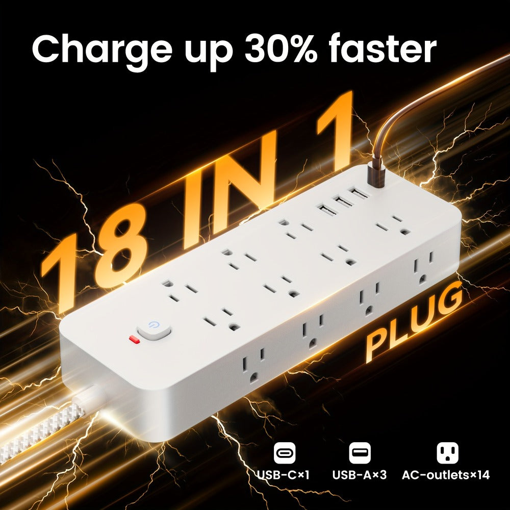 Surge Protector Power Strip 18-in-1 with 14 AC Outlets, 3 USB-A, 1 USB-C, 4 ft Flat Cord and Wall-Mount Holes
