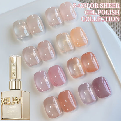 Gel Nail Polish Set with XEIJAYI Label, 8 Summer Ice Jelly Colors in Sheer Photo Frame Bottles