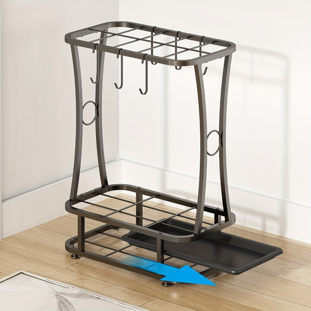 Freestanding Black Metal Umbrella Stand with Four Hanging Slots and Removable Bottom Drip Tray