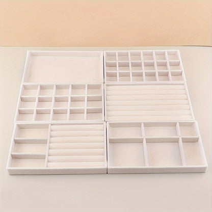 Stackable Jewelry Organizer Trays 6-Piece Set – Rectangular Multi-Compartment Drawer Inserts with Removable Dividers for Earrings, Rings, Necklaces & Bracelets – Tabletop Jewelry Display Case Storage