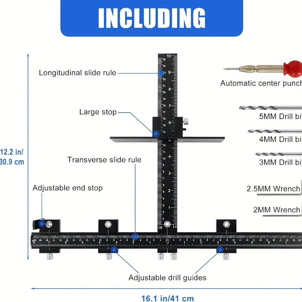 Adjustable Cabinet Hardware Drilling Jig with Aluminum Guide, Metric Scale and Handle-Pull Template Parts