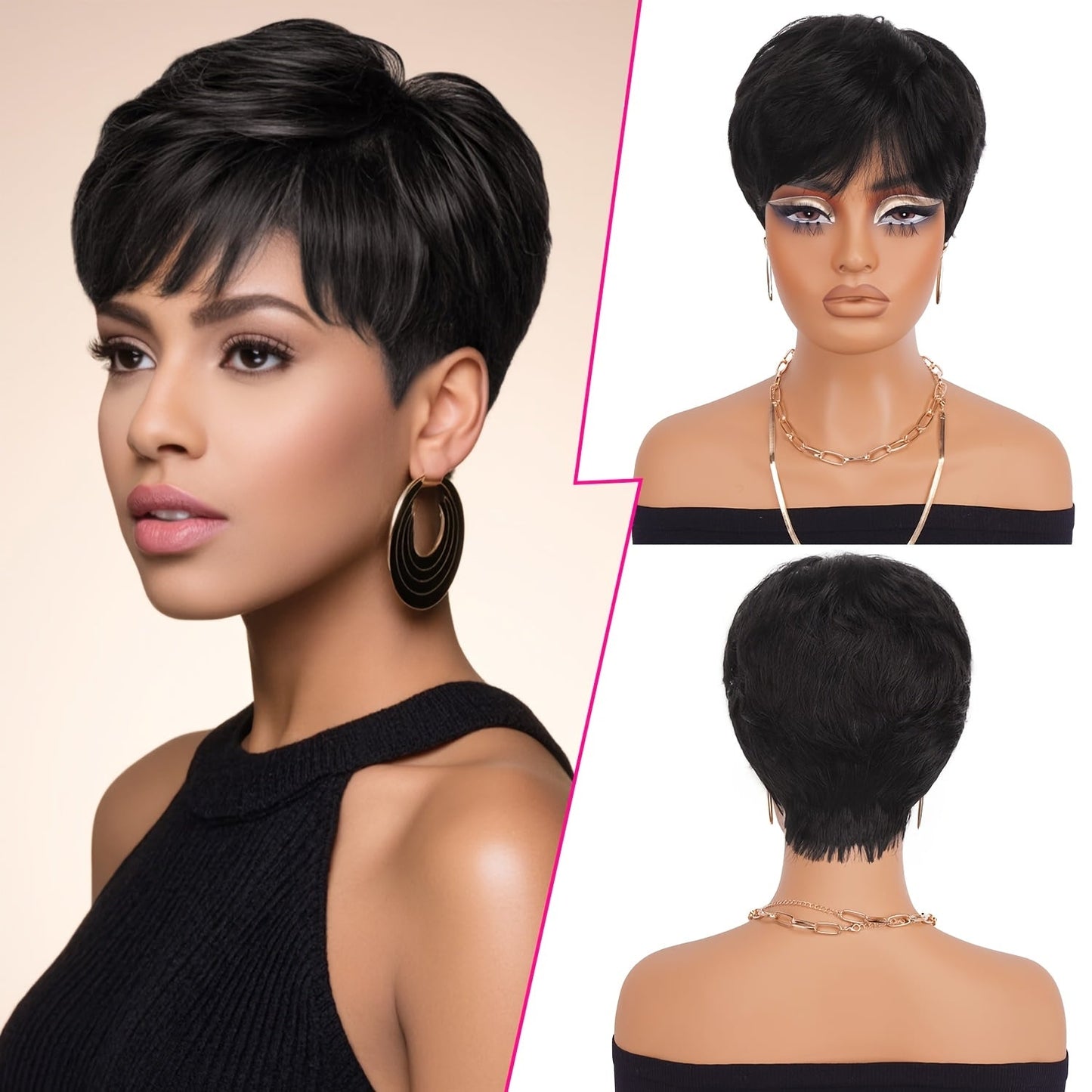 Short Fairy Pixie Human Hair Wig in 1B Black with 4-Inch Length and Full Machine-Made Cap Design