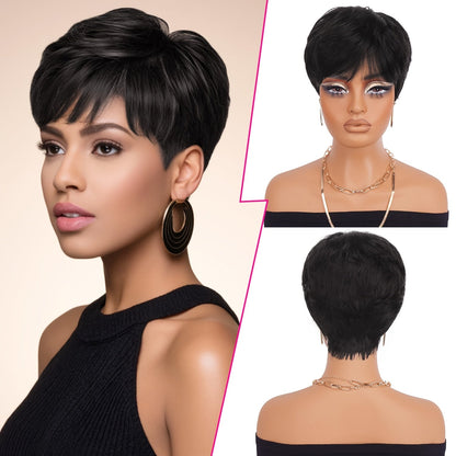 Short Fairy Pixie Human Hair Wig in 1B Black with 4-Inch Length and Full Machine-Made Cap Design