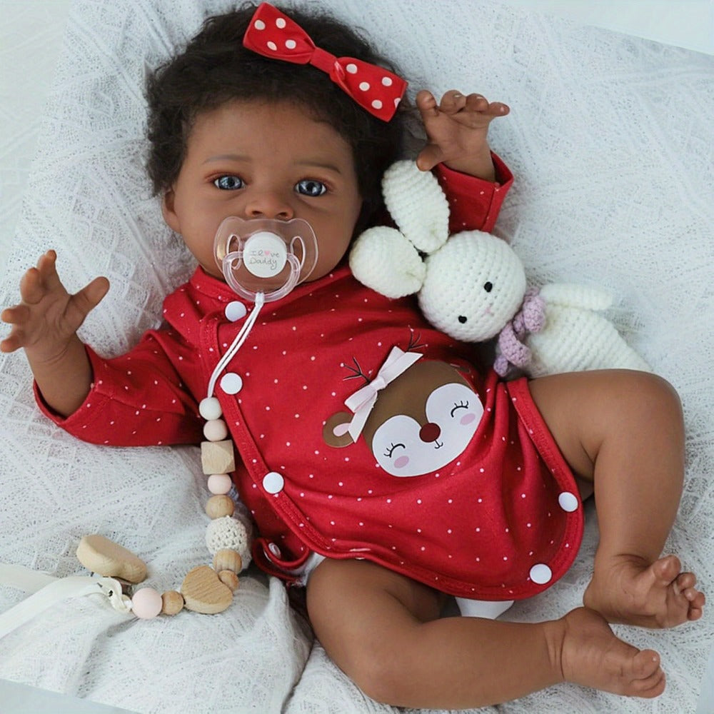 Reborn Doll, 20-Inch Cloth-Body Figure with Vinyl Limbs, Hand-Implanted Curly Hair and Gray Outfit