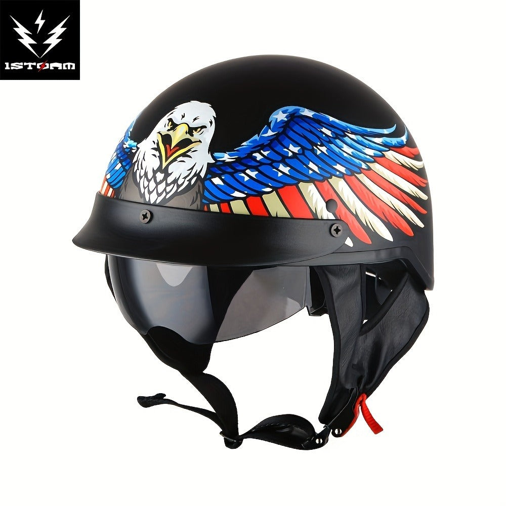 Motorcycle Half Face Helmet – Retractable Smoked Visor, Adjustable Inner Visor, Lightweight Aerodynamic Design, Goggle Compatible, Sizes S–XL
