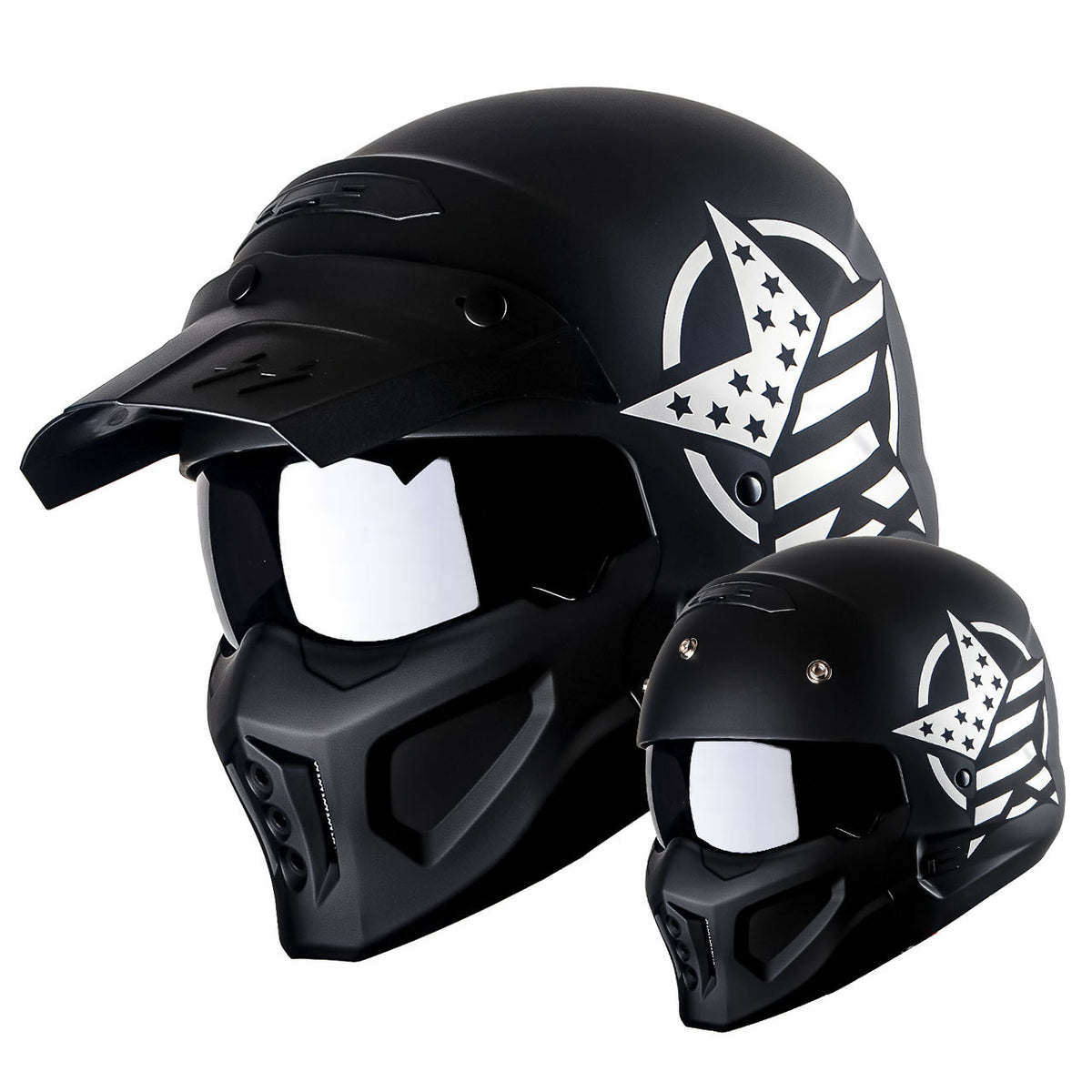 Motorcycle Helmet Convertible Full/Open-Face Shell with Detachable Mask, Smoked Shield, S-XL Sizes and Multiple Styles