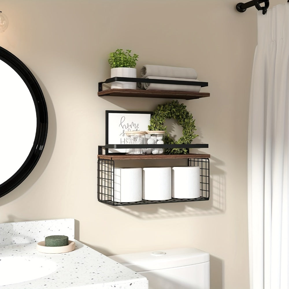 Rustic Wall-Mounted Shelf Sets in Two- or Four-Piece Configurations with Wood Platforms and Black Metal Storage Racks