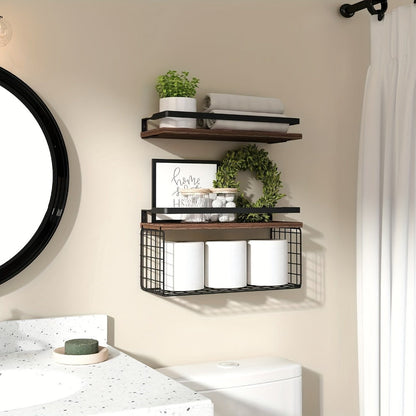 Rustic Wall-Mounted Shelf Sets in Two- or Four-Piece Configurations with Wood Platforms and Black Metal Storage Racks