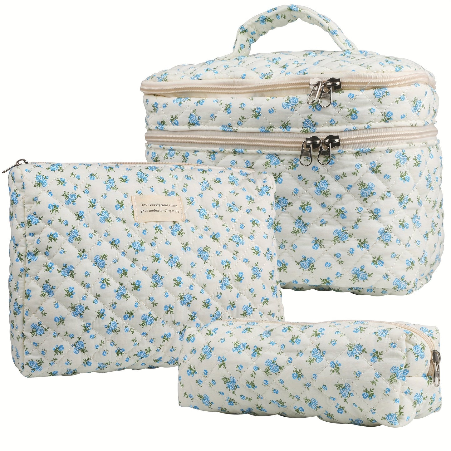 Makeup Bag – Set 3 PCS Quilted Cotton Dual Layer Large Capacity Floral Coquette Aesthetic Travel Cosmetic Bag Women Toiletry Organizer…