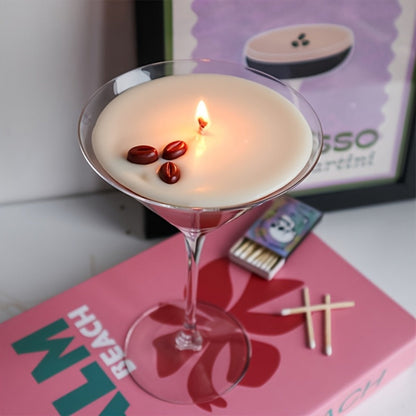 Coffee Martini Candle in Stemmed Glass with Layered Design, Coffee Bean and Glitter Details