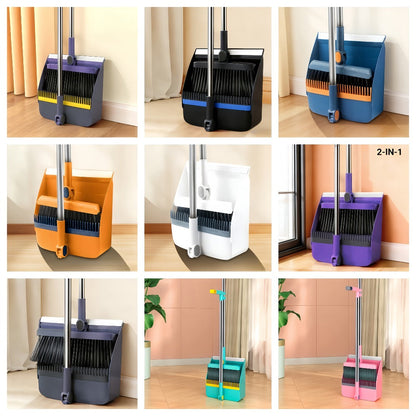 Broom and Dustpan Set with Long Handle - 2-in-1 Upright Sweeping Broom with Comb Teeth, Pet Hair Removal Floor Cleaning Tool for Home Office School Dorm Outdoor - Blue Orange White Purple Green
