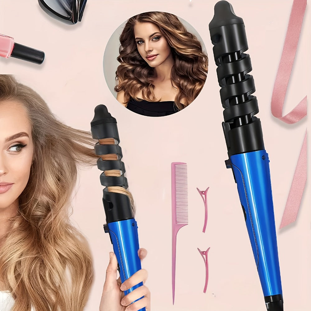 Automatic Spiral Curling Iron Ceramic Anti-Tangle – Professional Auto Curler One-Button Easy Operate Hair Styling Tool with Comb & 2 Clips for All Hair Types – Blue, Pink