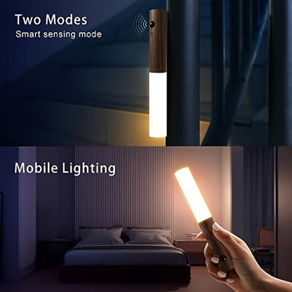 Night Light Motion Sensor Wall Lamp 2-Pack with USB Rechargeable Power, Magnetic Mount and Two Wood-Tone Finishes