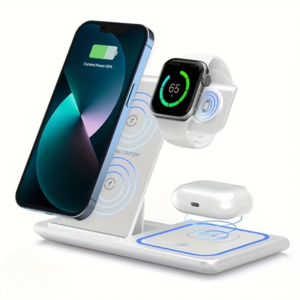 3-in-1 Wireless Charging Station with QC3.0 Adapter Included 15W Fast Charge – Upright Stand for iPhone 17/16/15/14/13/12/11, Apple Watch Ultra/Series 9/8/SE & AirPods | Black & White