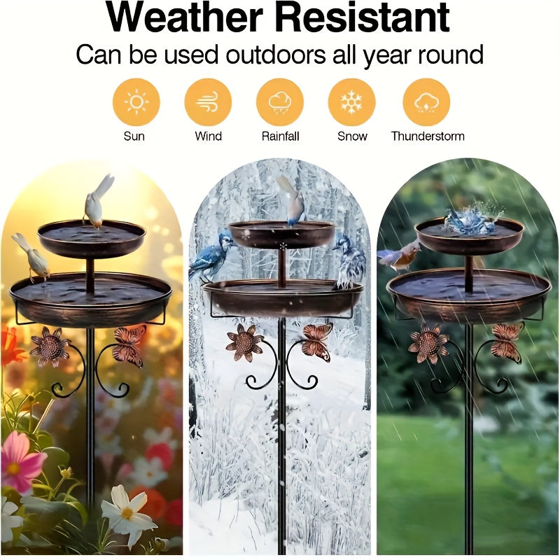 Two-Tier Bird Bath and Feeder with 5-Claw Ground Stake, Copper-Color Bowls and Leaf Accents