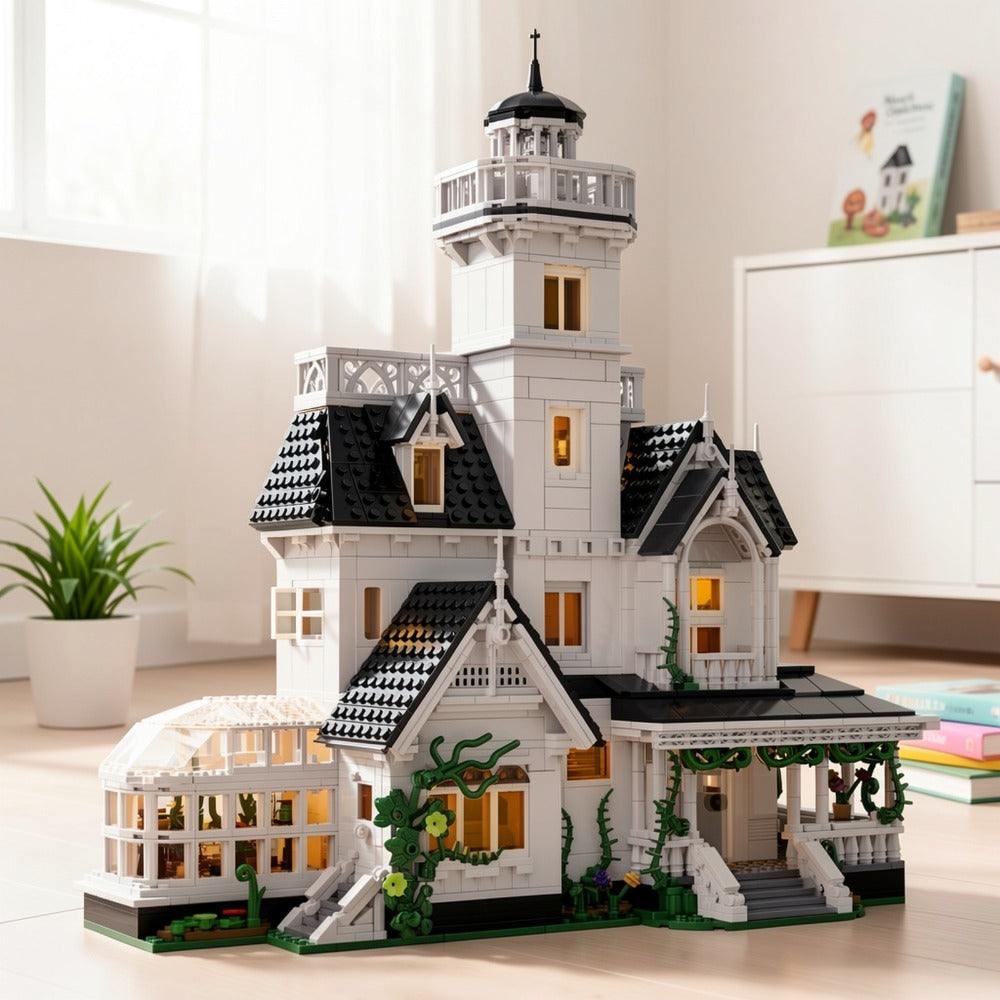 Building Block Set Owen's House with 1877 Pieces, Three-Level Tower, Porch, Conservatory and Lighting