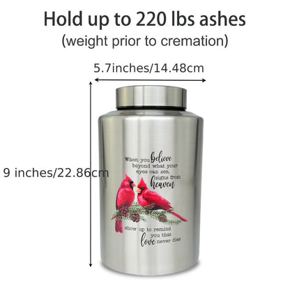 Cremation Urns for Human Ashes Large – Stainless Steel Memorial Urn Holds 220 lbs, Decorative Butterfly Cardinal Fairy Design, Screw Lid & Seal Ring, Velvet Pouch Included, Adult Funeral Keepsake Urn