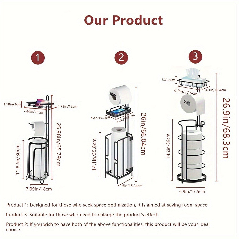Freestanding Toilet Paper Holder with Square Reserve-Roll Cage, Upper Shelf and Single or Two-Pack Options