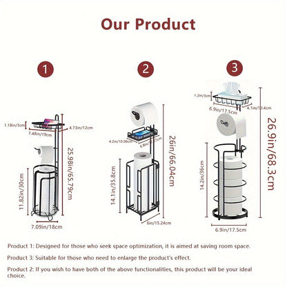Freestanding Toilet Paper Holder with Square Reserve-Roll Cage, Upper Shelf and Single or Two-Pack Options