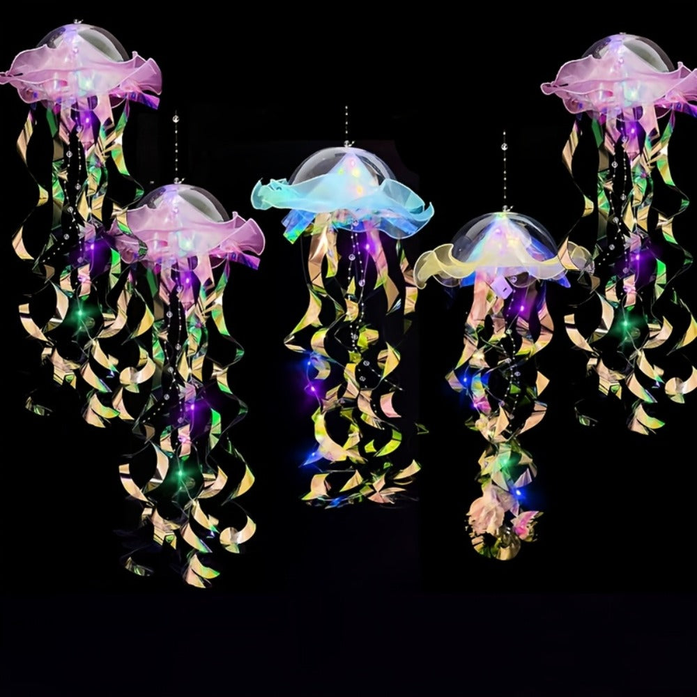 Five-Piece Illuminated Jellyfish Hanging Decoration Set with Translucent Crystal-Style Ribbons