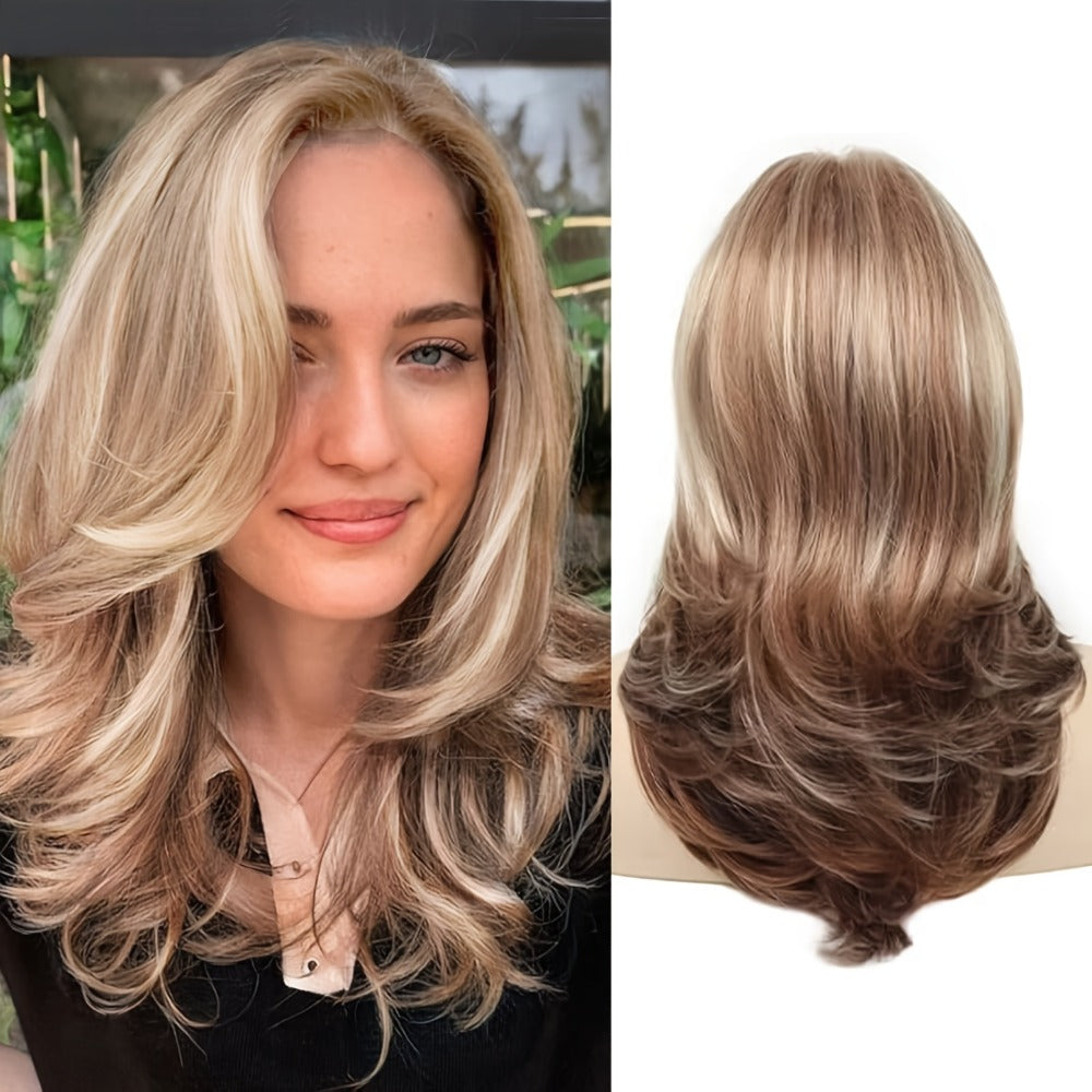 Synthetic Wig 18-Inch Layered Silvery Waves with Highlights in Two Colors and Rose Net Cap