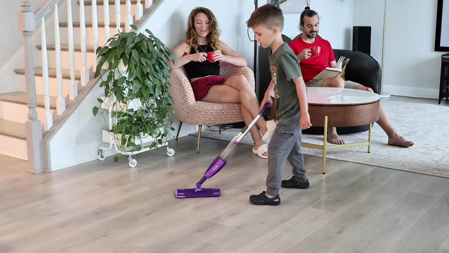 Purple Pretend Play Spray Mop Set with 29-Inch Sectional Handle, Squeeze Trigger and Two Mop Pads