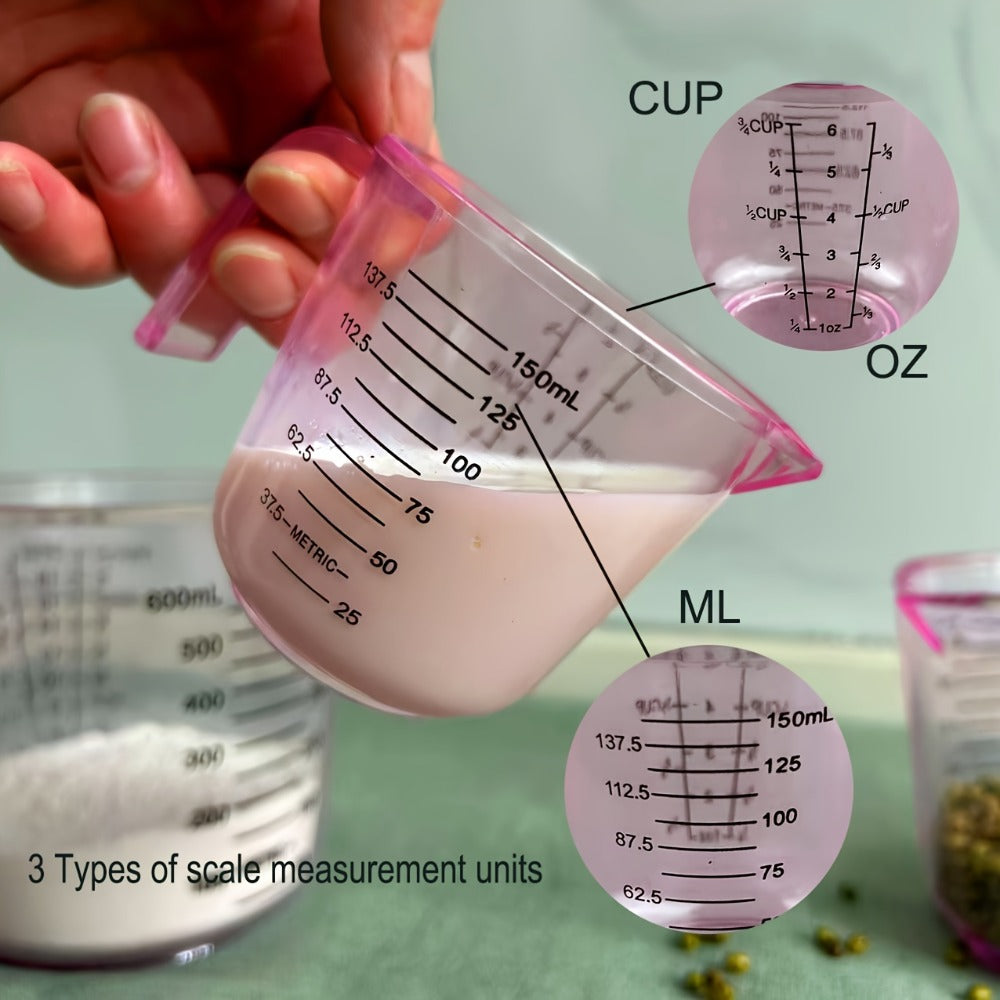 Measuring Cups Set 4-Piece with Spoon, 6oz 12oz 20oz Baking Cups + 20ml Spoon, PS Food-Safe Material, ML OZ CUP Markings, Pink Kitchen Measuring Set