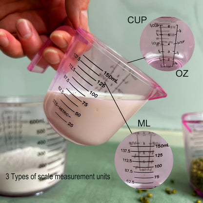 Measuring Cups Set 4-Piece with Spoon, 6oz 12oz 20oz Baking Cups + 20ml Spoon, PS Food-Safe Material, ML OZ CUP Markings, Pink Kitchen Measuring Set