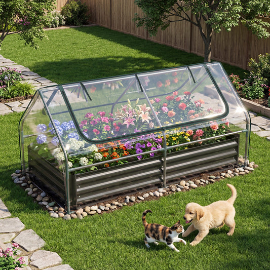 Raised Garden Bed with Greenhouse Cover 3-in-1, Metal Planter Box 71"x35.5"x36" with Dual Roll-Up Screen Windows & Open Bottom for Vegetables, Flowers & Herbs