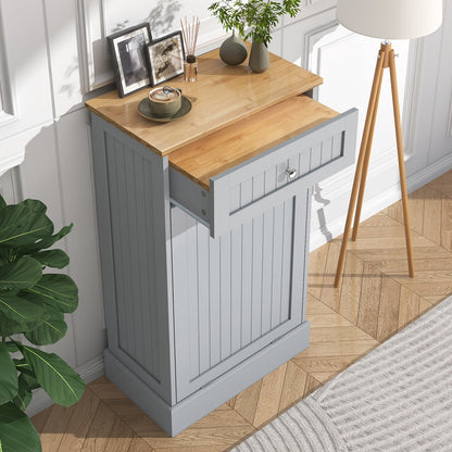 Tilt Out Trash Cabinet Freestanding Kitchen Garbage Cabinet with Cutting Board & Drawer – Wood Hideaway Recycling Station, Fits 10 Gal, Black/White