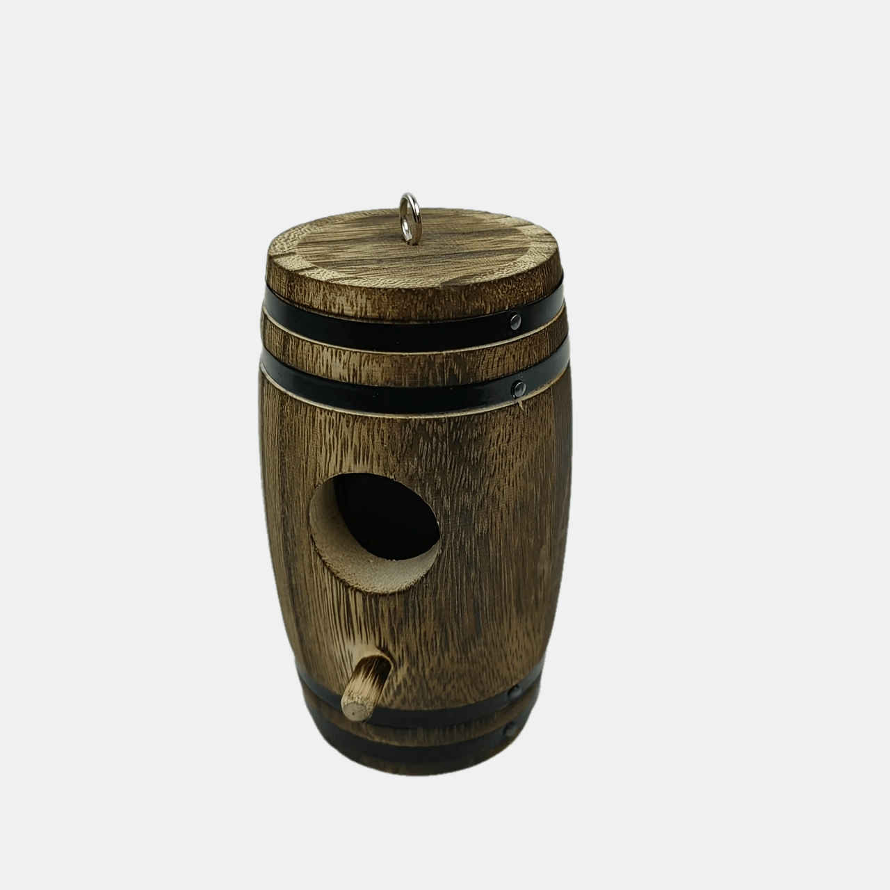 Vintage Barrel-Style Wooden Hanging Birdhouse with Round Entry, Perch, Rope Loop and Dark Wood Finish