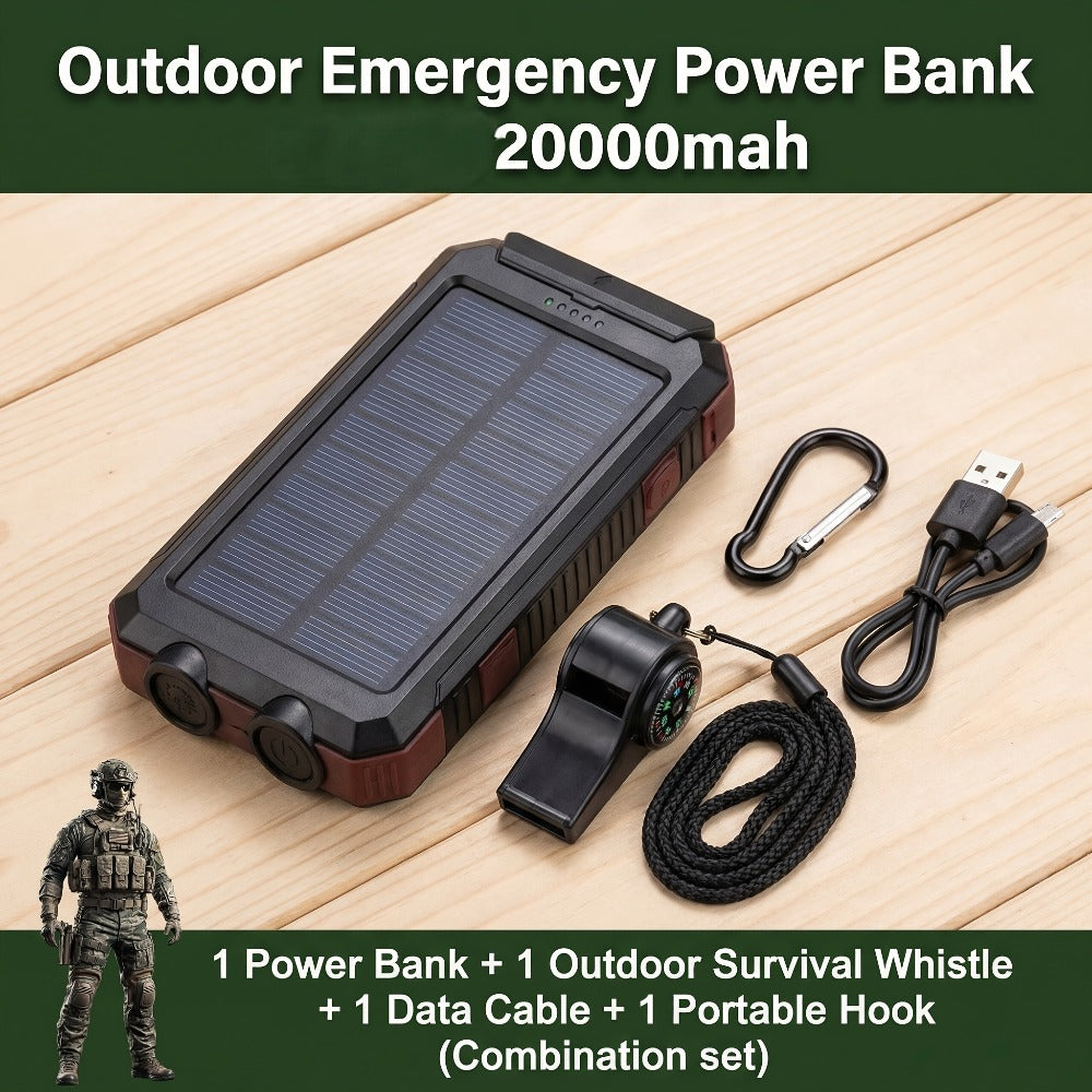 Solar Power Bank 20000mAh Outdoor Portable Charger with LED Flashlight SOS Compass & Carabiner Hook – Dual USB Waterproof Battery Pack for Camping Hiking Backpacking Emergency Survival Gear Gift