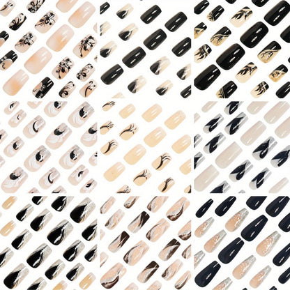Press On Nails 216-Piece Medium Square Black White 3D Butterfly Marble Set with Jelly Glue and File